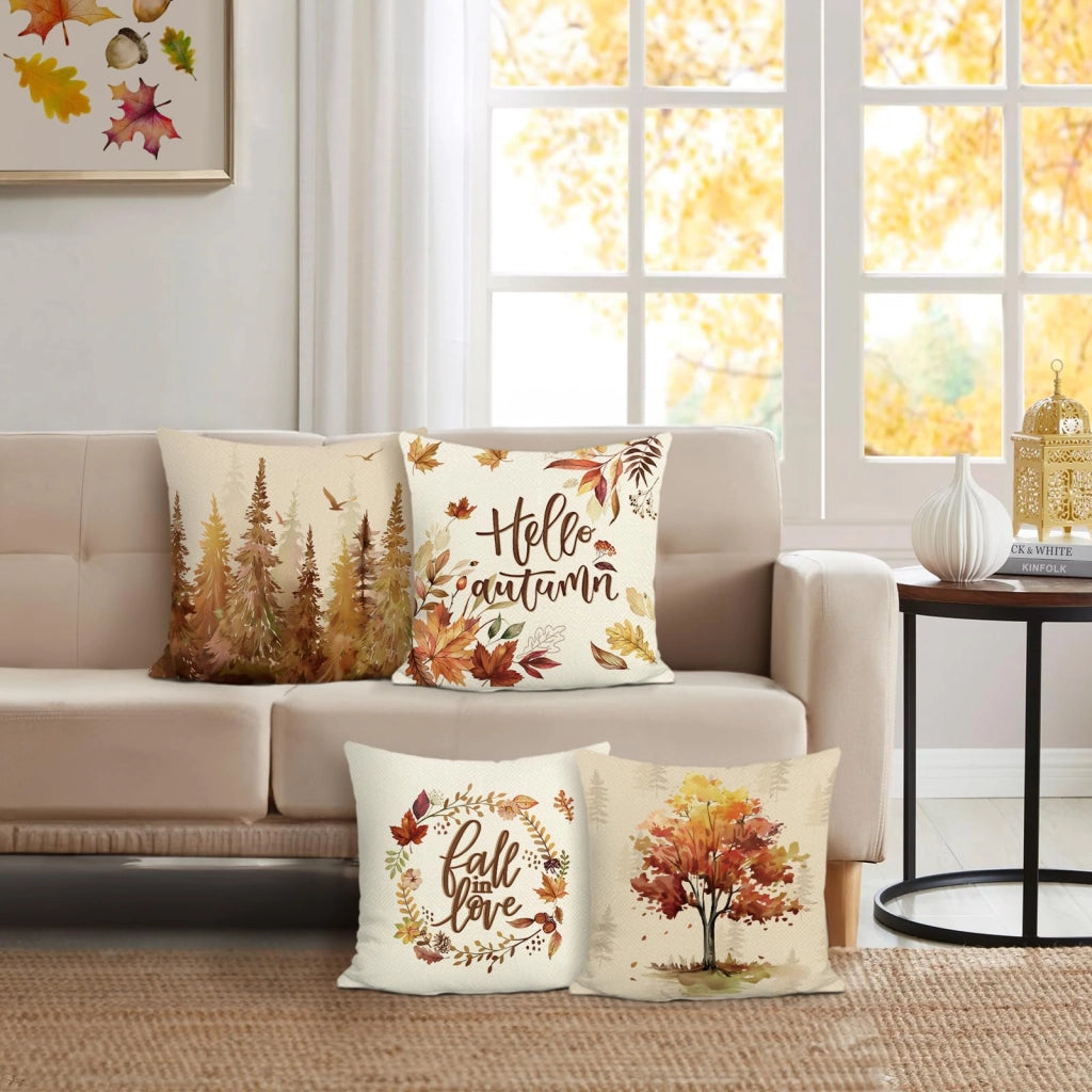 Set di 4 federe per cuscini, stile autunnale, 50x50 cm, in poliestere e lino