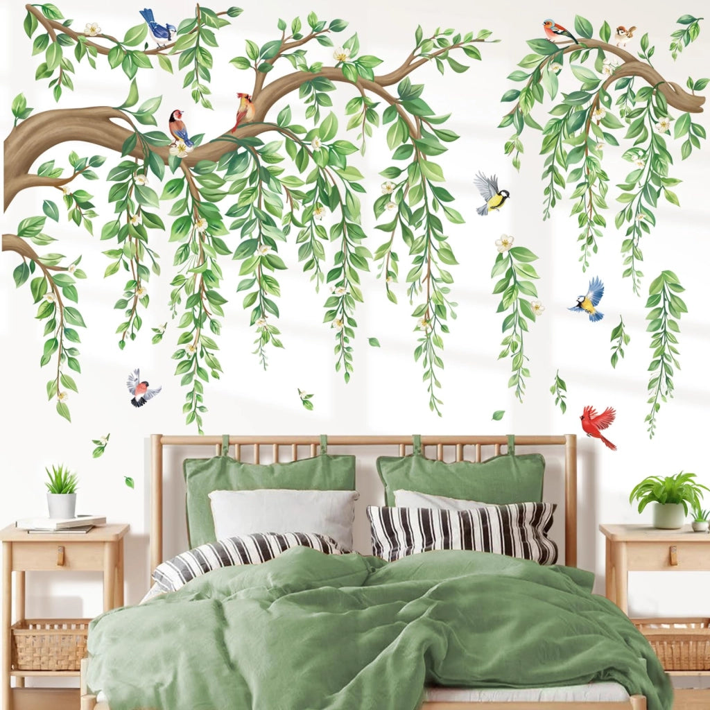 Adesivi murali a forma di albero con foglie, fiori e uccelli, 4 fogli da 30x90 cm