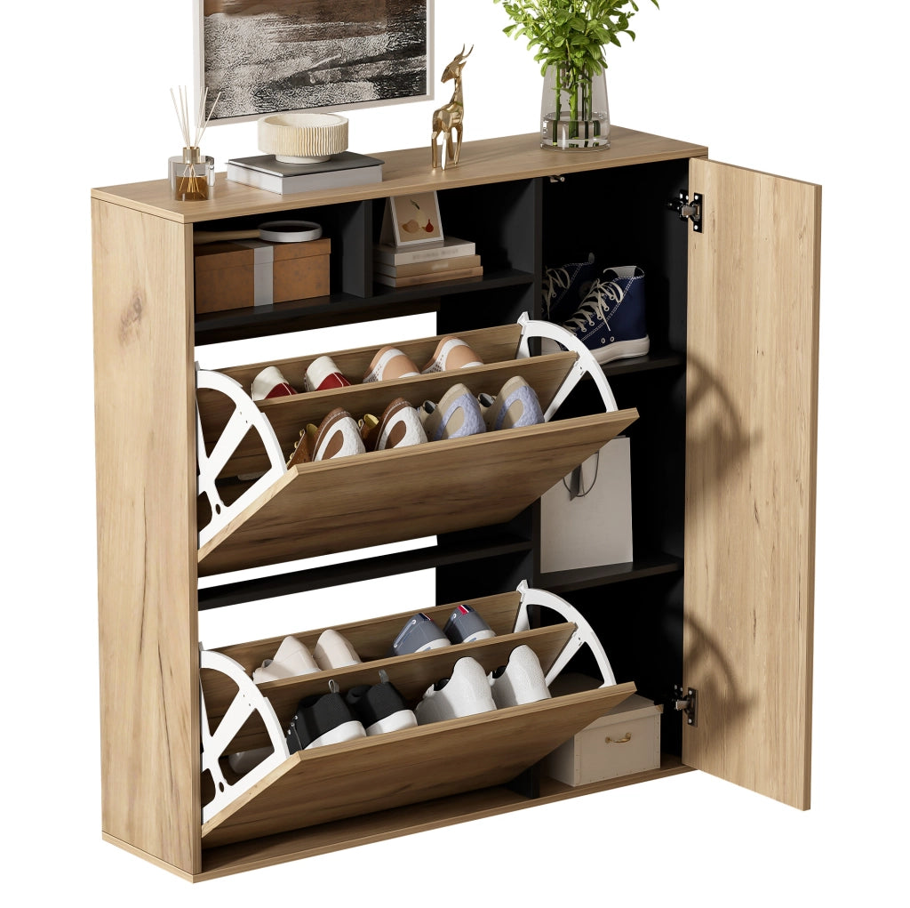 Scarpiera 90x24x94 cm naturale e nera in MDF con 2 ribalte e 1 anta