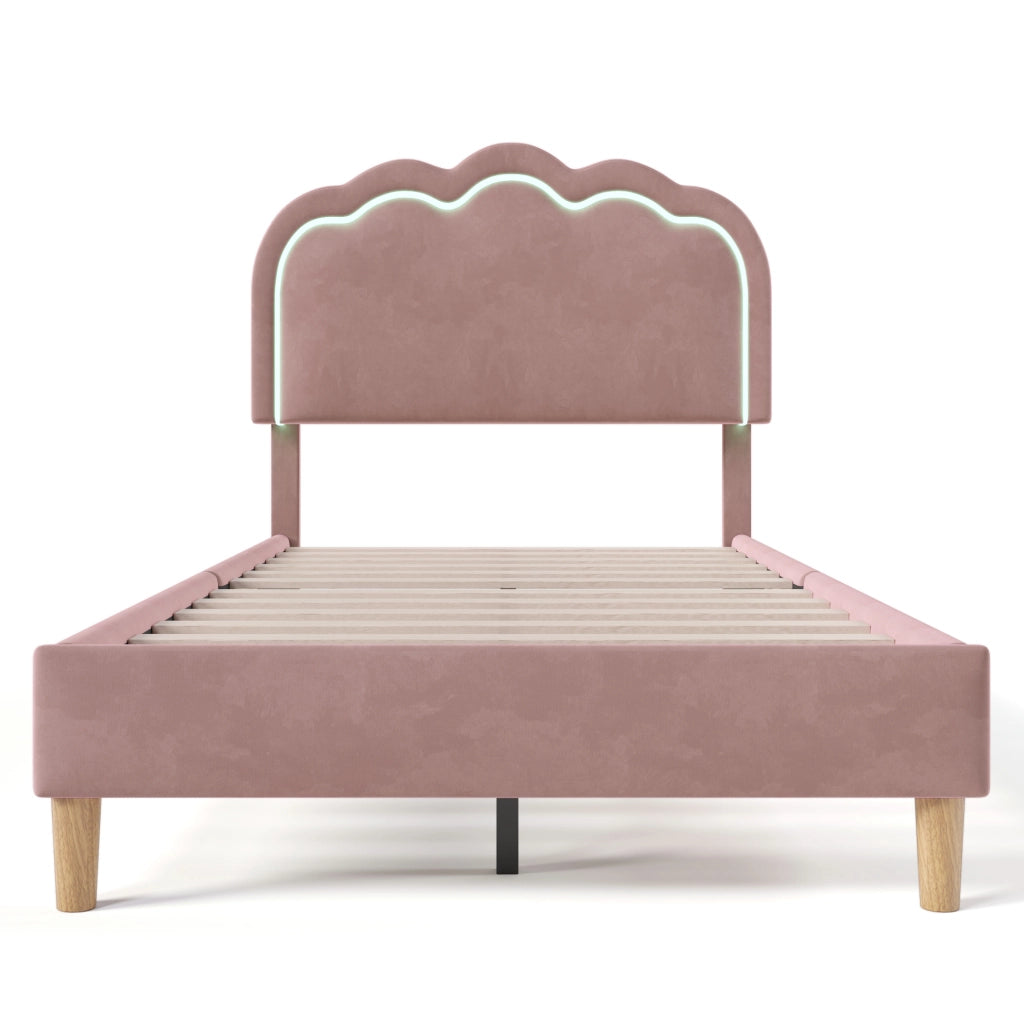 Letto singolo imbottito WUVRIE 90x190 cm con testiera LED regolabile in velluto rosa