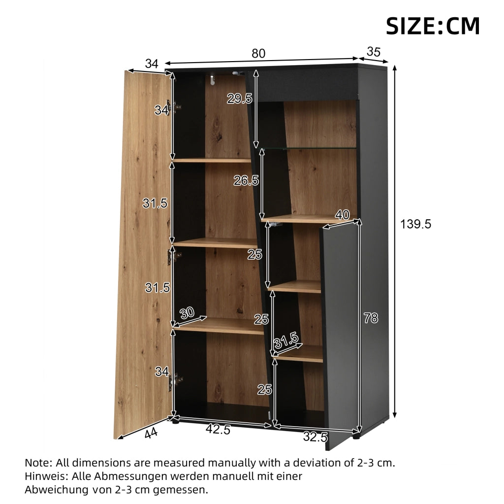 Vetrina a 2 ante con LED Bluetooth, 80 × 35 × 139,5 cm, nero e legno