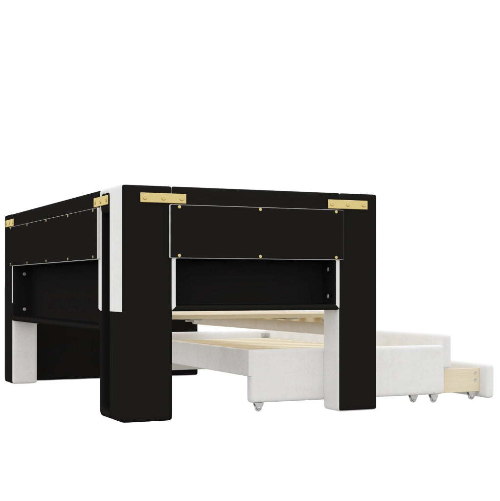 Letto divano imbottito 90 x 200 cm con letto estraibile, 3 cassetti, LED e USB, bianco