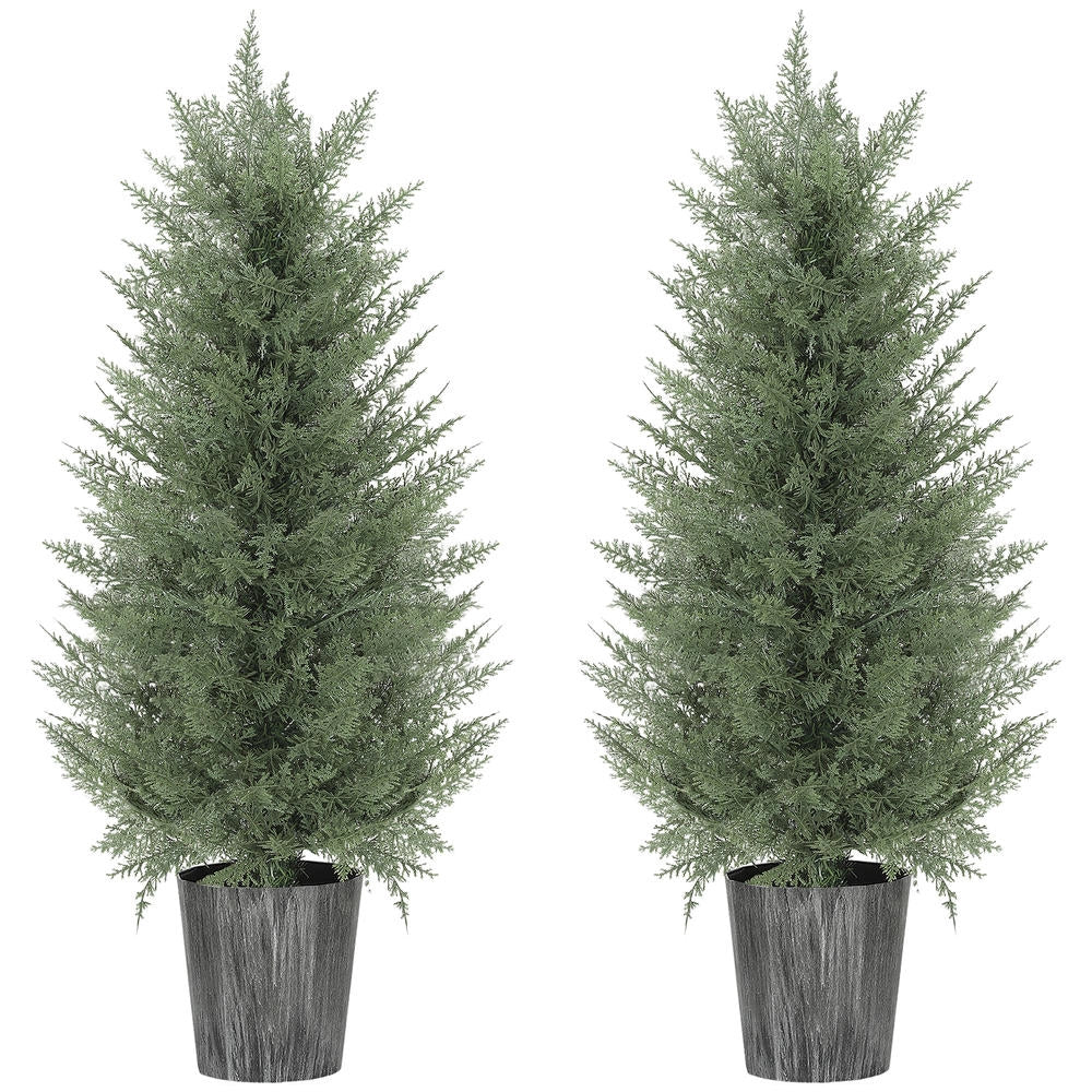 Set 2 Cipressi Artificiali in Vaso da 90 cm Piante Finte in Plastica Verde Resistenti UV per Casa e Giardino 15x15x90 cm