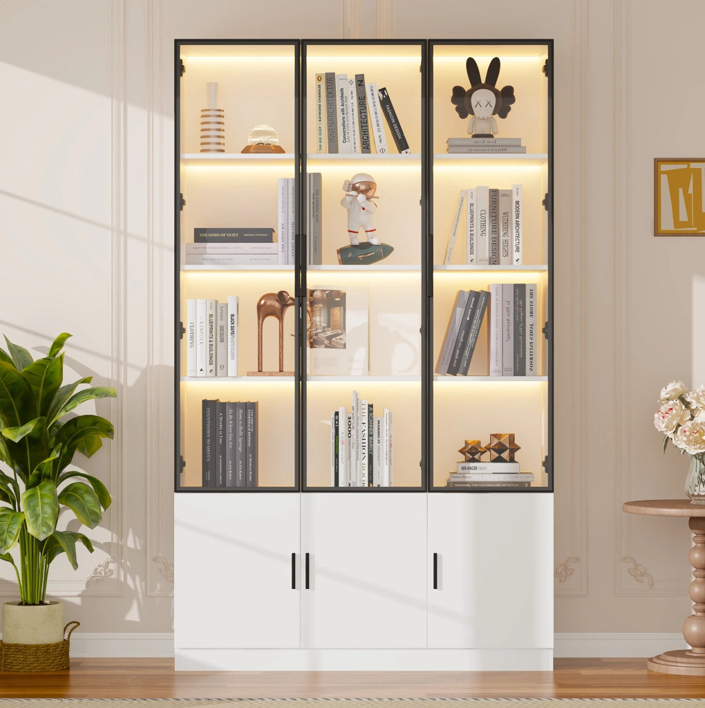 Vetrina bianca in MDF e vetro con 6 ante e illuminazione LED