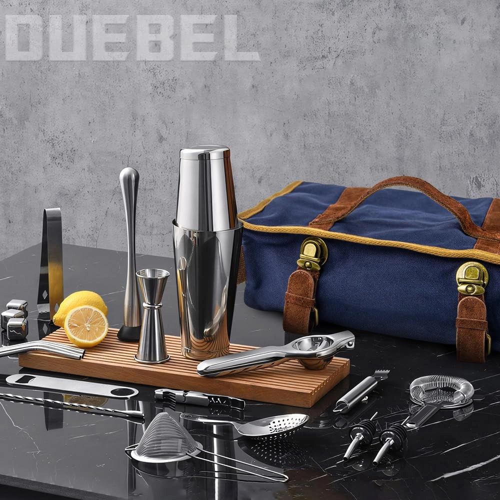 Set da bar completo, 24 pezzi, con borsa e supporto in bambù