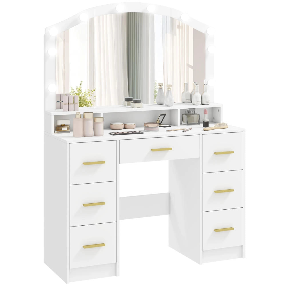 Mobile Toeletta da Trucco in MDF Bianco con Specchio e 10 Lampadine LED Hollywood, Tavolo Make-Up con 7 Cassetti e 3 Vani