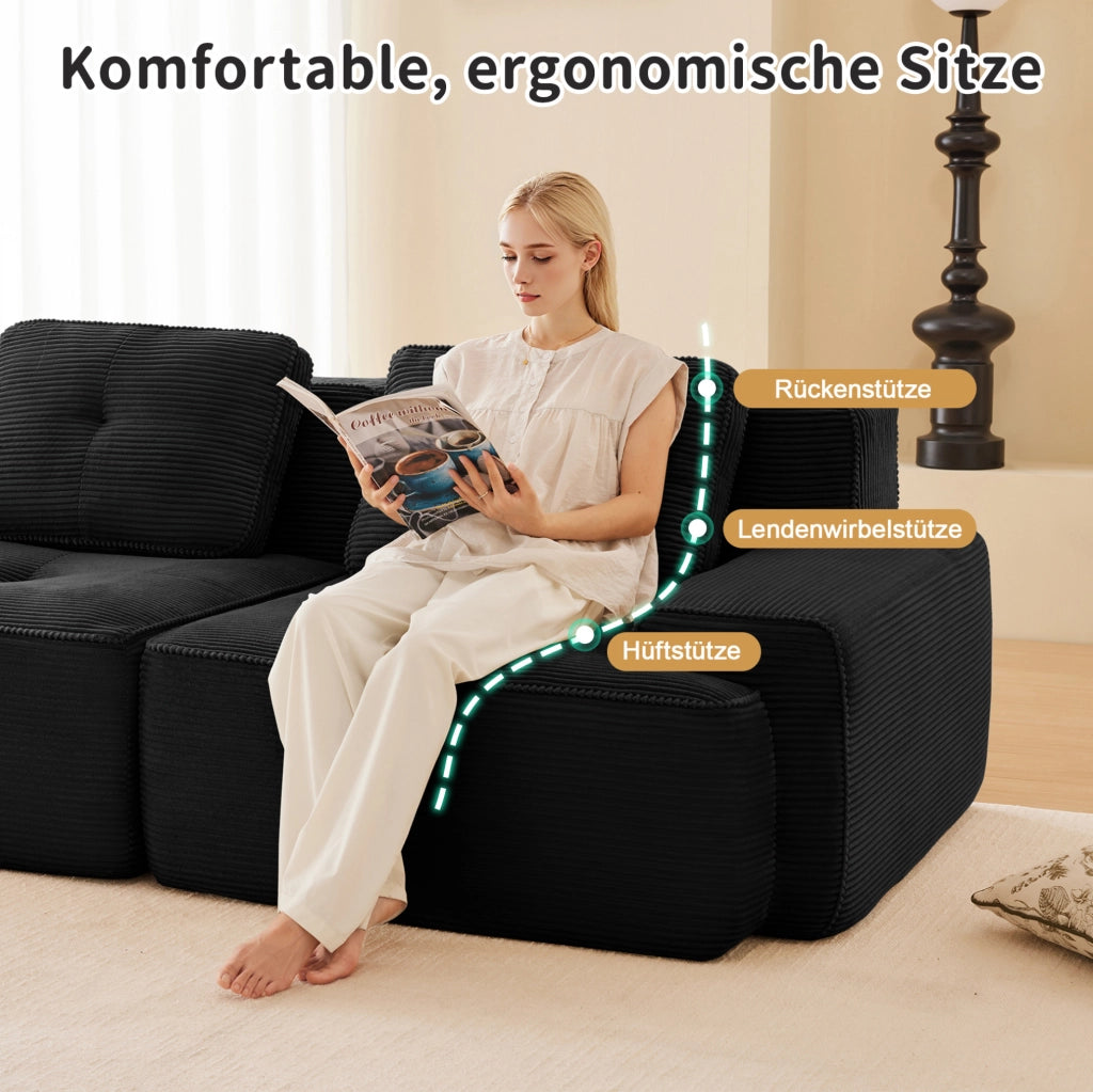 DIVANO Modulare 4 posti 382x177x69 cm in velluto a coste nero