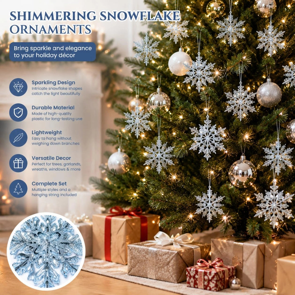 30 fiocchi di neve blu con glitter, 4 design diversi, inclusi nastrini