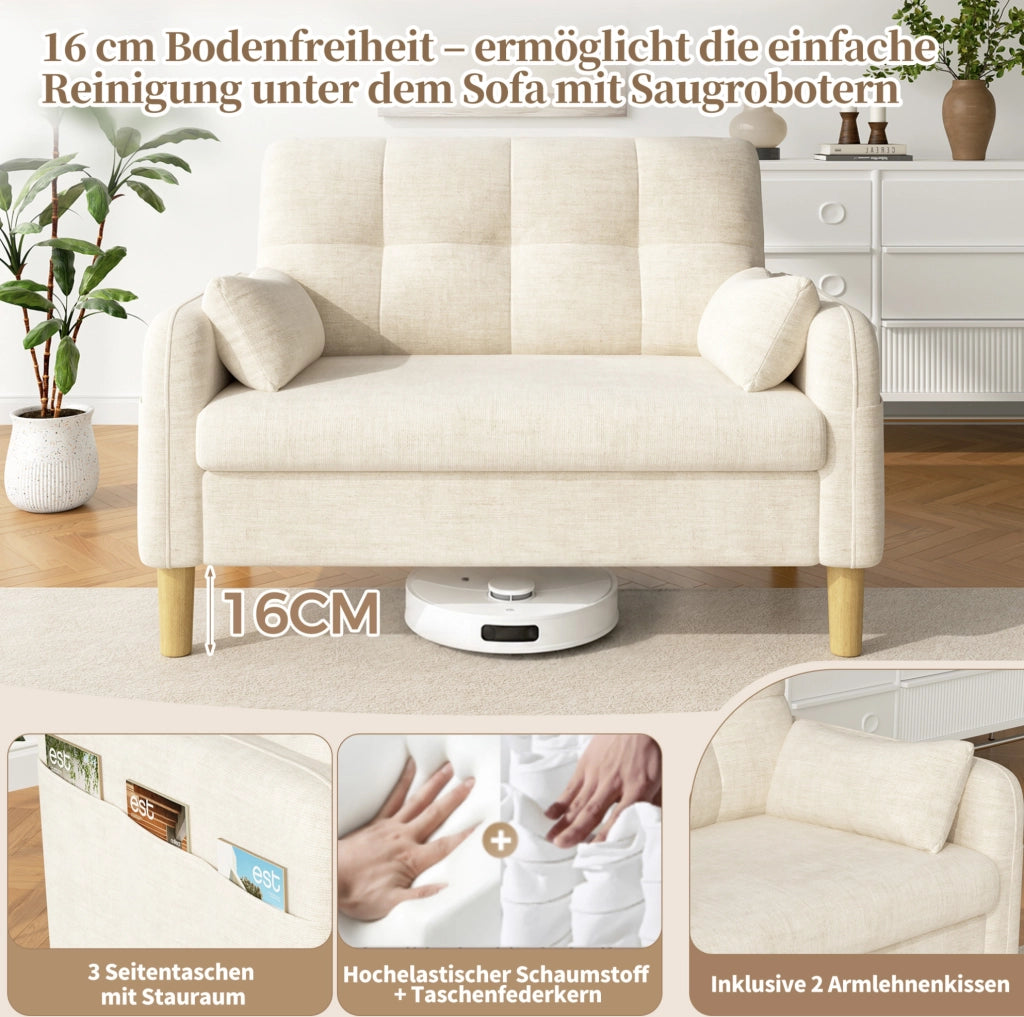 Divano 2 posti in ciniglia beige con cuscini e tasca laterale