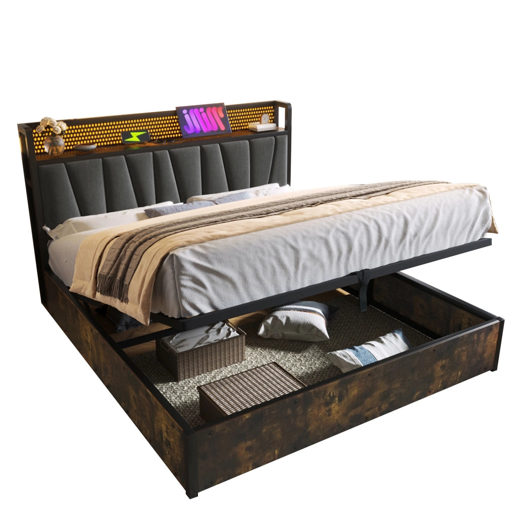 Letto matrimoniale 180x200 cm in tessuto grigio con LED RGBW; prese e USB; contenitore