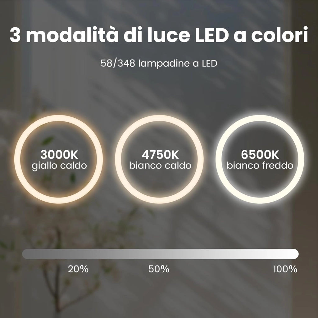 Specchio da Bagno Rotondo/Quadrato a LED, Specchio da Trucco da Parete Impermeabile con 3 Colori, 58/72 Luci, Schermo Tattile, Ideale per Bagno Soggiorno Camera da Letto (Rotondo)