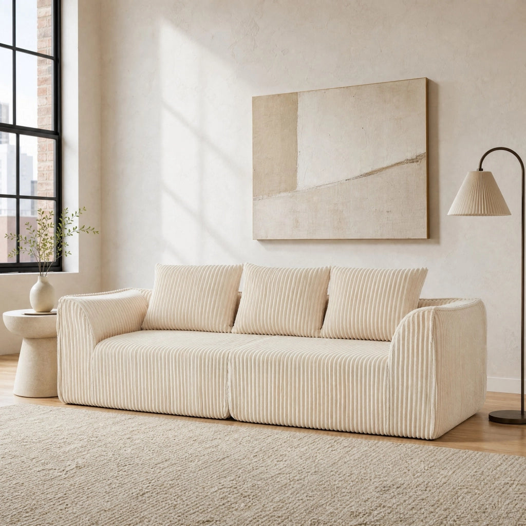 Divano modulare in velluto a coste con braccioli arrotondati e schienale curvo, Beige