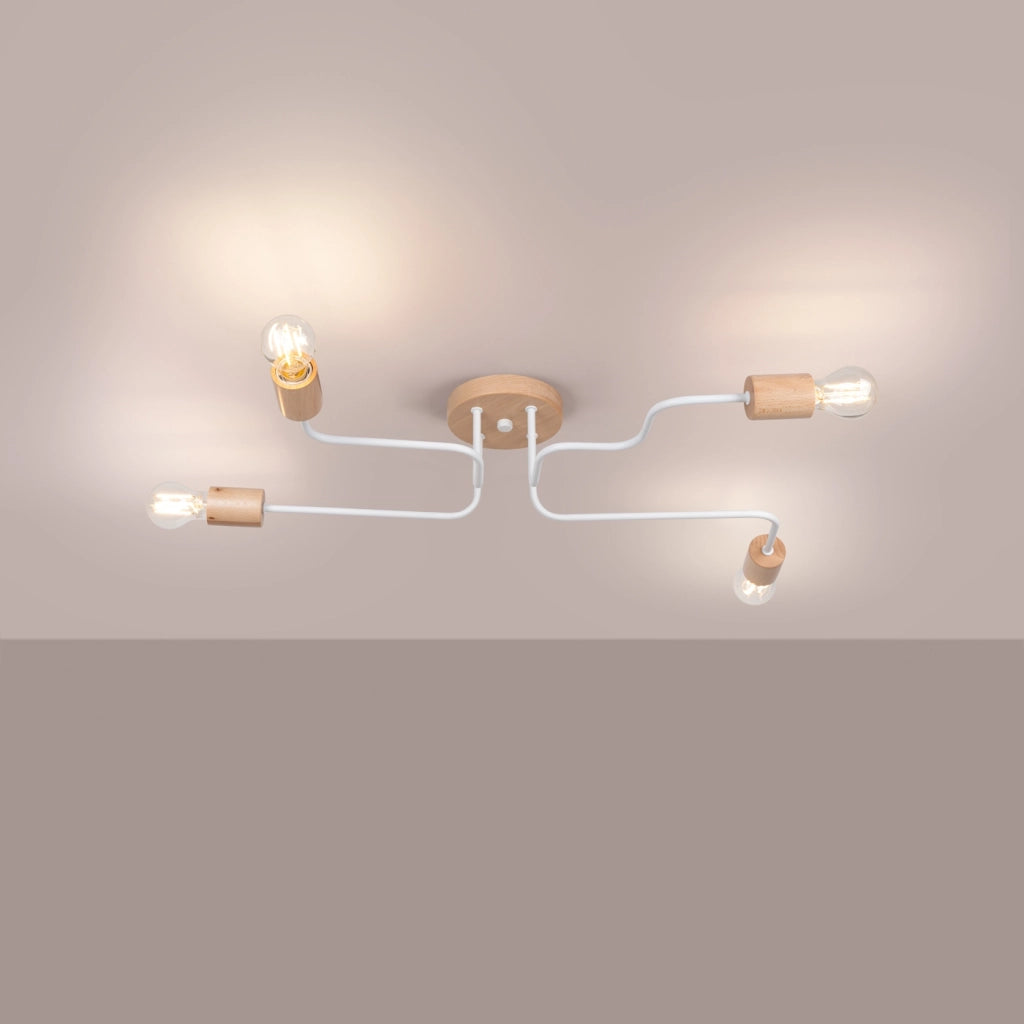 Lampada da parete TIMBO Peach Puff a 4 luci, design scandinavo, in legno bianco e acciaio