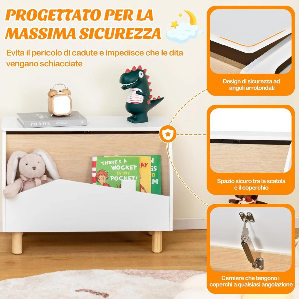 libreria Montessoriana 2-in-1 per Bambini in Legno, Scaffale Porta Libri e Giocattoli con Cassone, Coperchio Ammortizzato e Maniglie, Ideale per Cameretta e Nido, 60 x 30 x 44 cm (Bianco)