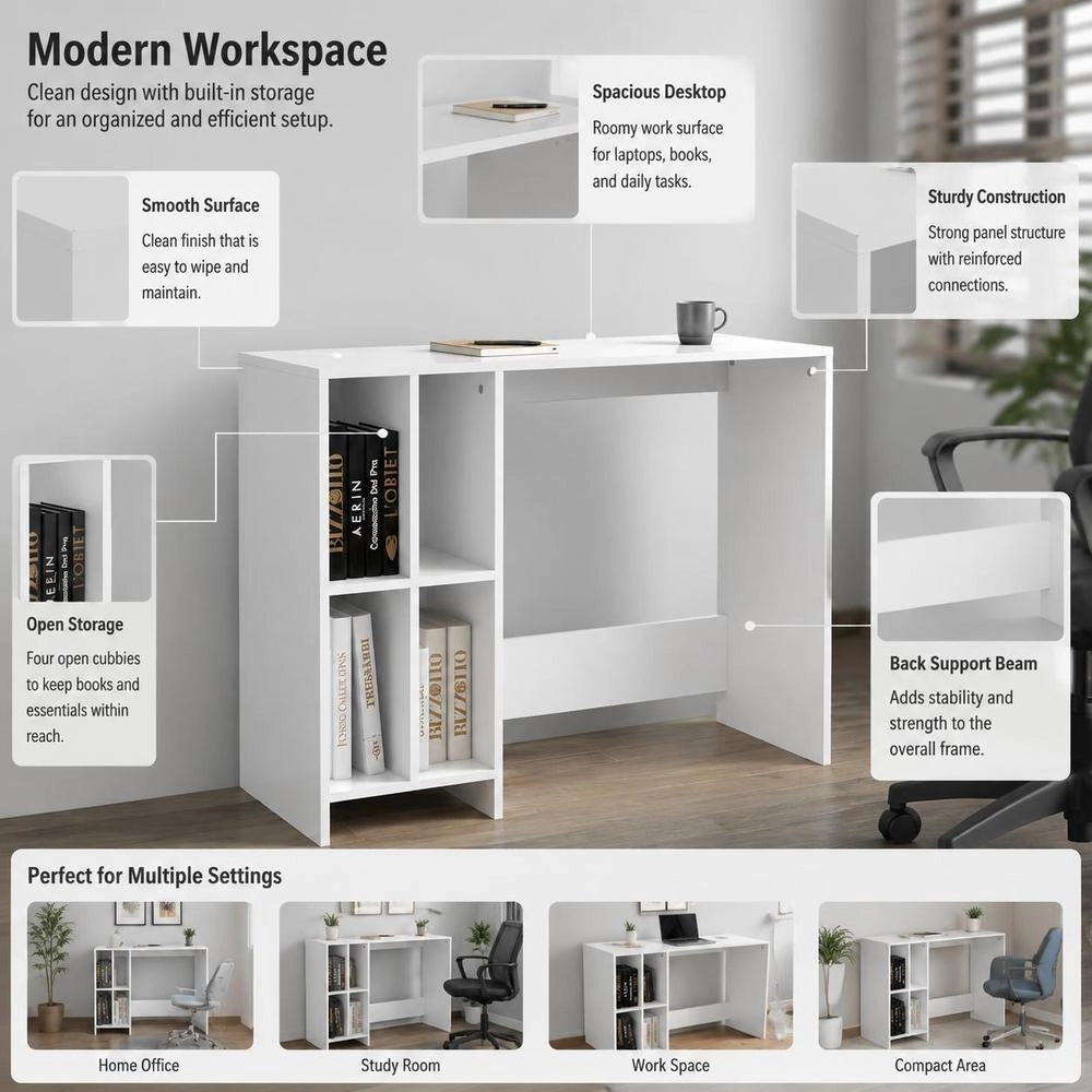 Modern White Computer Desk With Storage Shelves, Engineered Wood Home Office Writing Table, Easy Assembly Study Workstation, 102.5x35x75 Cm