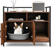 Mobile Lettiera per Gatti con 3 Ripiani Aperti e 2 Ante, Armadietto per Gatto in Legno, Grotta Rifugio con Grattatoio in Cartone Multiuso per Ingresso e Soggiorno (Marrone, 89 x 45 x 74,5 cm)