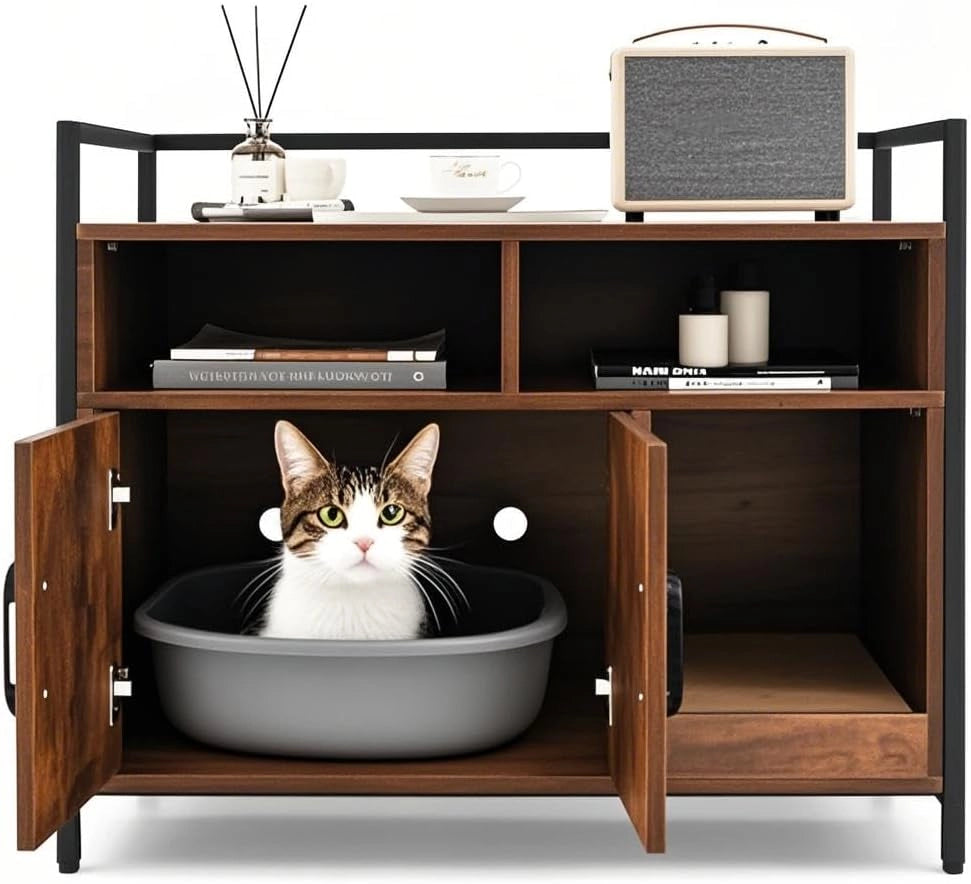 Mobile Lettiera per Gatti con 3 Ripiani Aperti e 2 Ante, Armadietto per Gatto in Legno, Grotta Rifugio con Grattatoio in Cartone Multiuso per Ingresso e Soggiorno (Marrone, 89 x 45 x 74,5 cm)