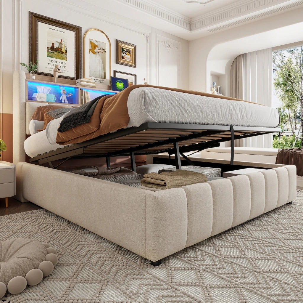 Letto matrimoniale imbottito 180x200 cm beige con LED e USB