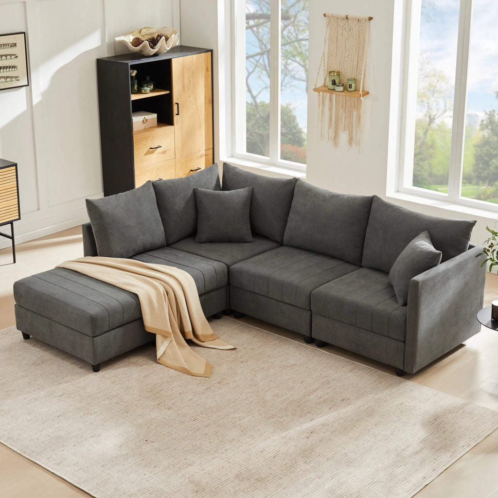 Divano angolare modulare 5 posti con pouf mobile e seduta ampia con cuscini per soggiorno in cotone e lino grigio