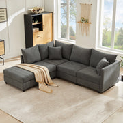 Divano angolare modulare 5 posti con pouf mobile e seduta ampia con cuscini per soggiorno in cotone e lino grigio