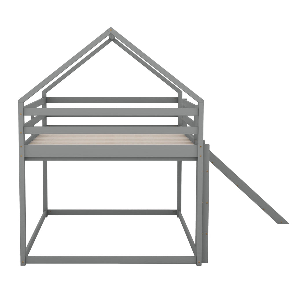 LETTO A CASTELLO A FORMA DI CASA 140x200 cm GRIGIO con scivolo e scala