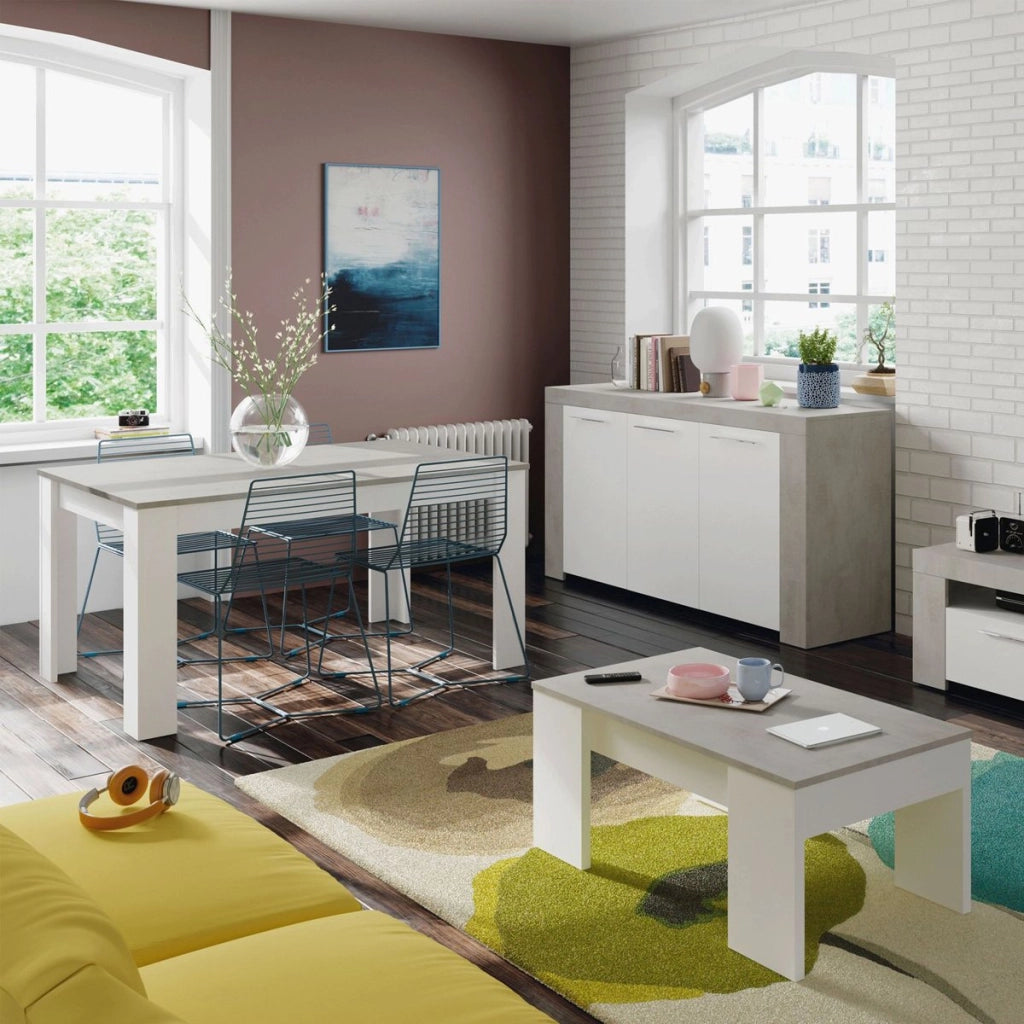Tavolino da salotto Almas, Tavolino da caffè con piano elevabile, Tavolo basso da soggiorno, cm 100x50h45/56, Bianco e cemento