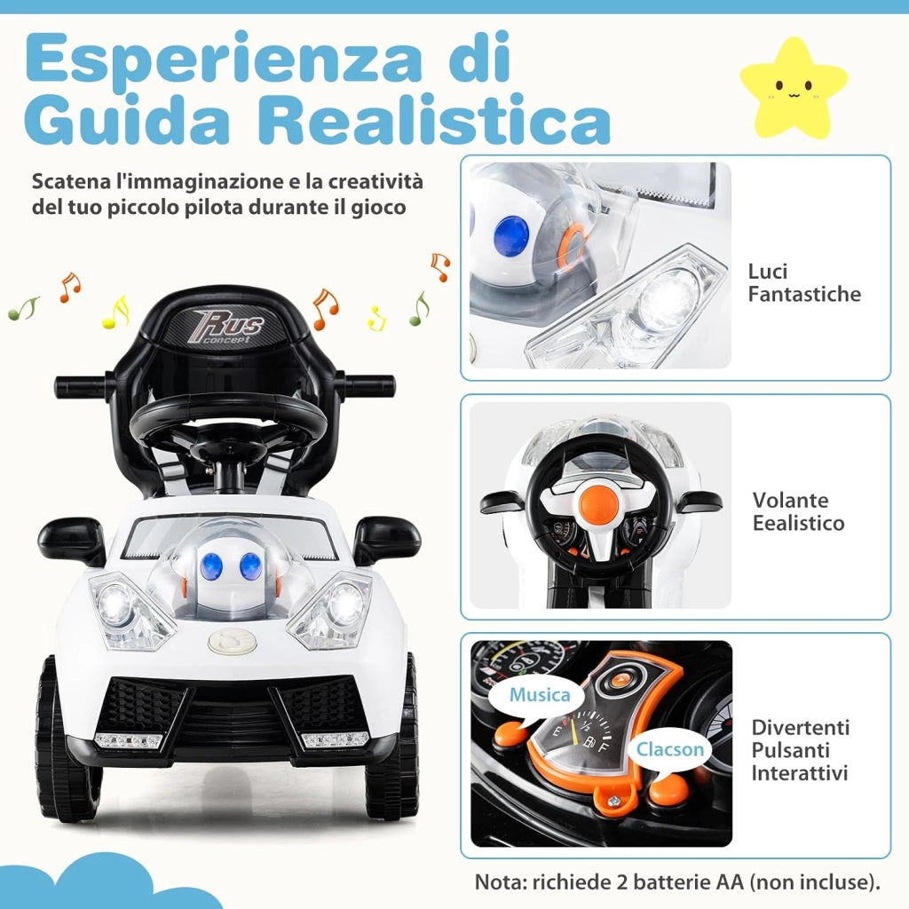 3 in 1 Auto a Spinta, Macchinina da Passeggio con Clacson, Musica, Luci, Cintura di Sicurezza, Tettuccio e Manico, Macchina Cavalcabile per Bambini 1+ Anni (Bianco)