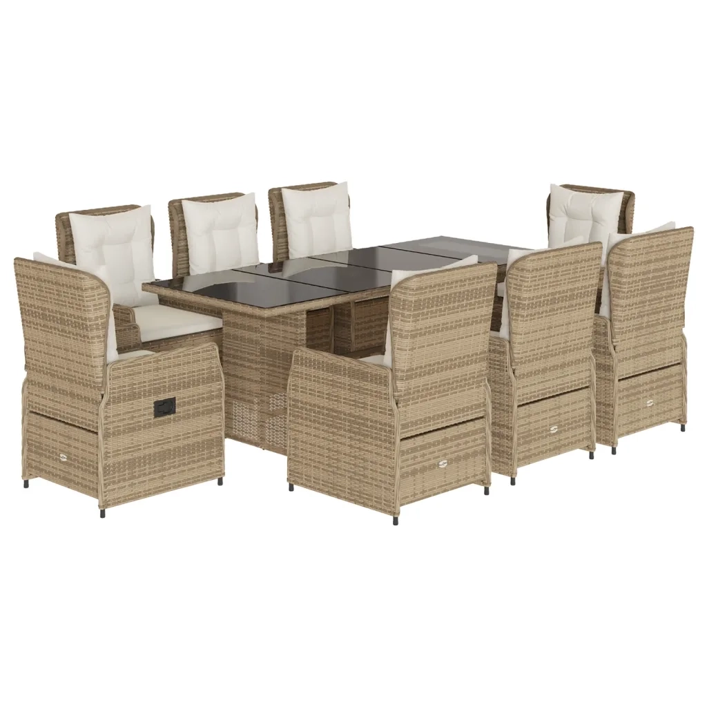 Set da Pranzo da Giardino 9 pz con Cuscini Beige in Polyrattan