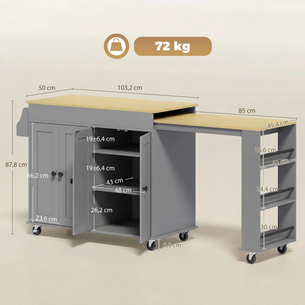 Carrello da Cucina con Ruote ¨C Xylo ¨C Piano Estensibile, 4 Ante, Ripiani Regolabili, Grigio