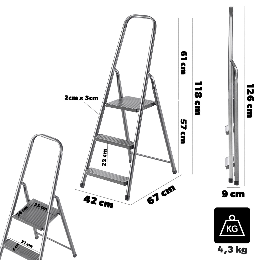 Scala in acciaio KADAX a 3 gradini, pieghevole, robusta, portata massima 125 kg.