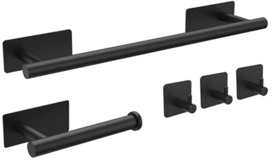 Set di accessori da bagno a 5 pezzi in nero - contenitore per asciugamani, contenitore per carta igienica e chiodi da parete
