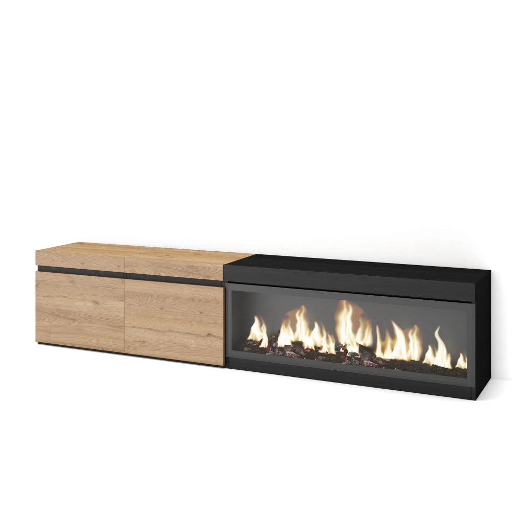 Mobile TV Soggiorno, 208x35x45cm, Per TV fino a 80", Camino elettrico XXL, colore Rovere e nero RF3266