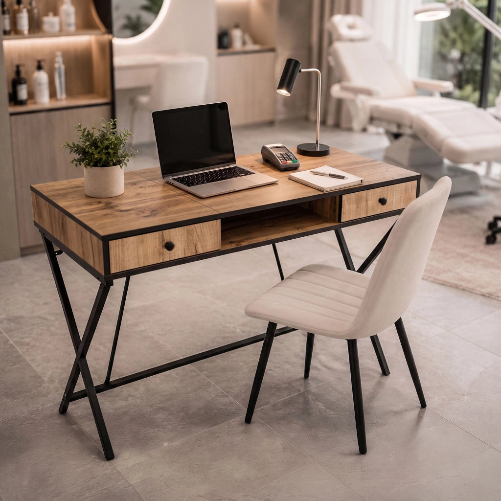 Scrivania PC industriale Rovere Craft CROSSLINE 120 cm 2 cassetti 1 ripiano gambe nere