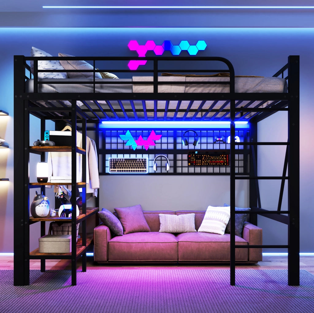Letto a soppalco 140x200 cm con luce LED; vano aperto; ferro e MDF; nero