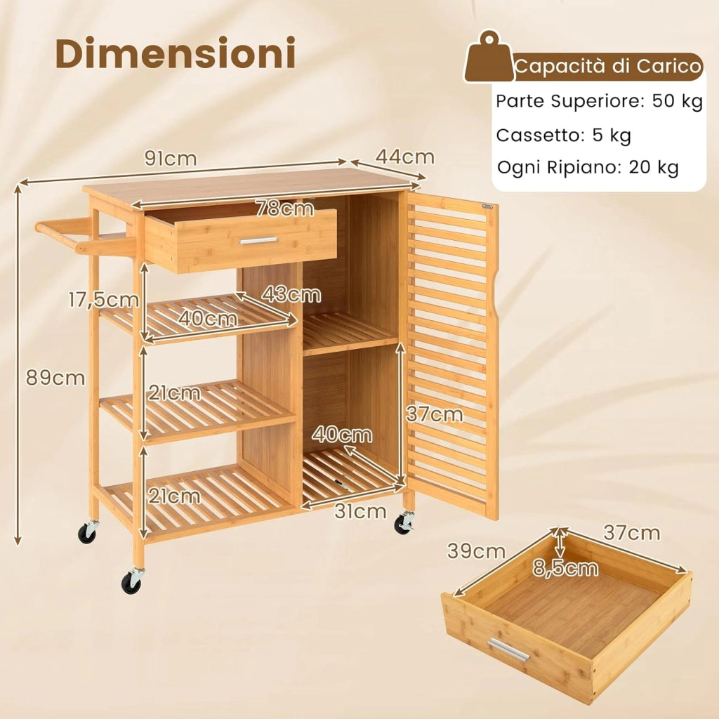 Carrello da Cucina in Bambù, Mobile Cucina con Ruote Cassetto, 3 Ripiani Aperti, Armadietto, Portasalviette, Carrello da Portata per Sala da Pranzo, 91 x 44 x 89 cm
