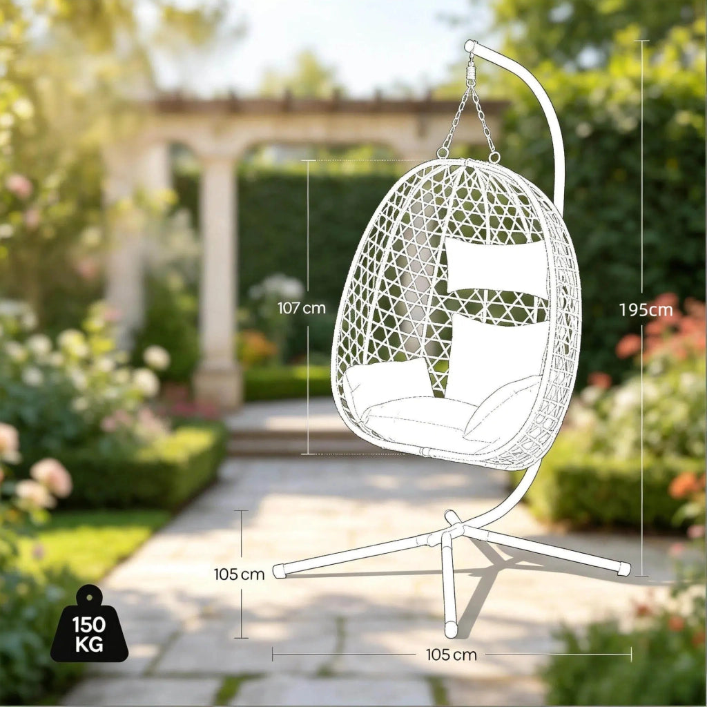 Poltrona sospesa ULEVR in rattan PE con supporto, altezza regolabile e cuscini, grigio scuro