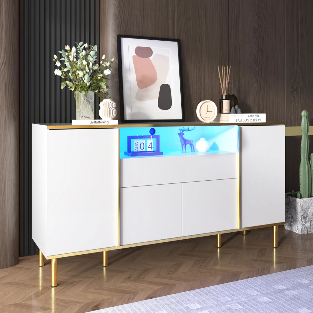 Credenza con 4 Ante e 1 Cassetto; LED; Finitura Lucida; Stile Moderno; per Soggiorno; in MDF; 150??40??80 cm; Bianco