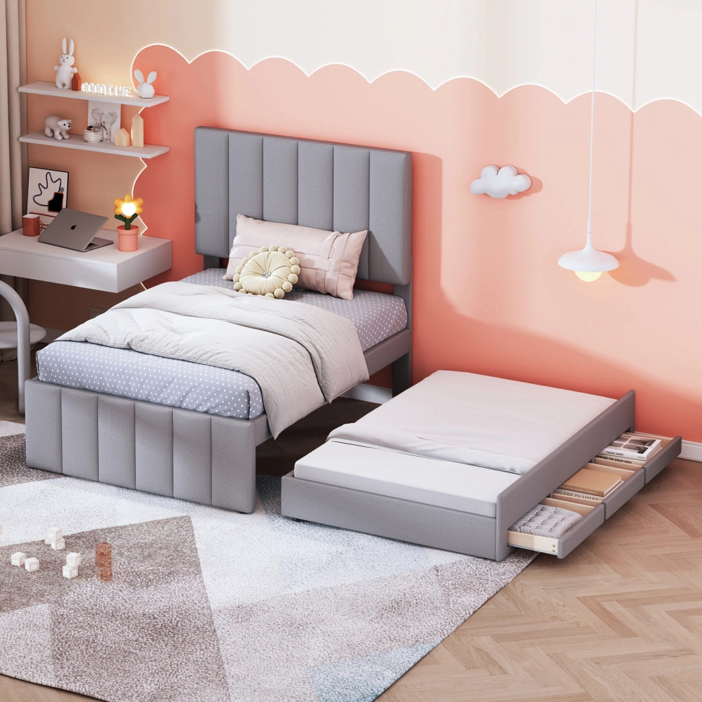 OKWISH Letto con Cassetti 90×200 cm, Letto Singolo con Letto Estraibile, 3 Cassetti e Testiera Regolabile, senza Materasso, Grigio