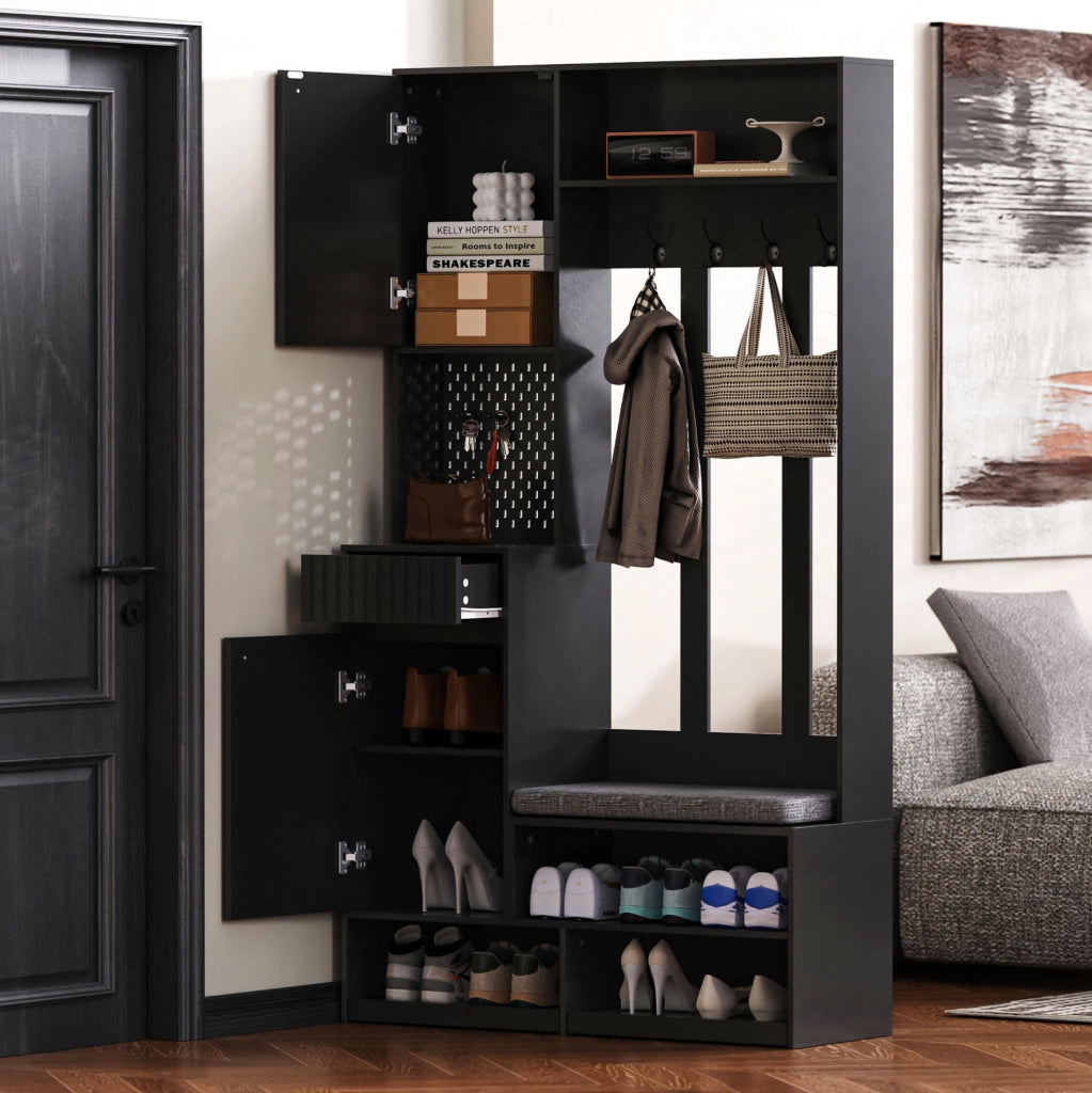 Mobile ingresso con panca 100x35x180 cm; 4 ganci e cassetti in MDF nero