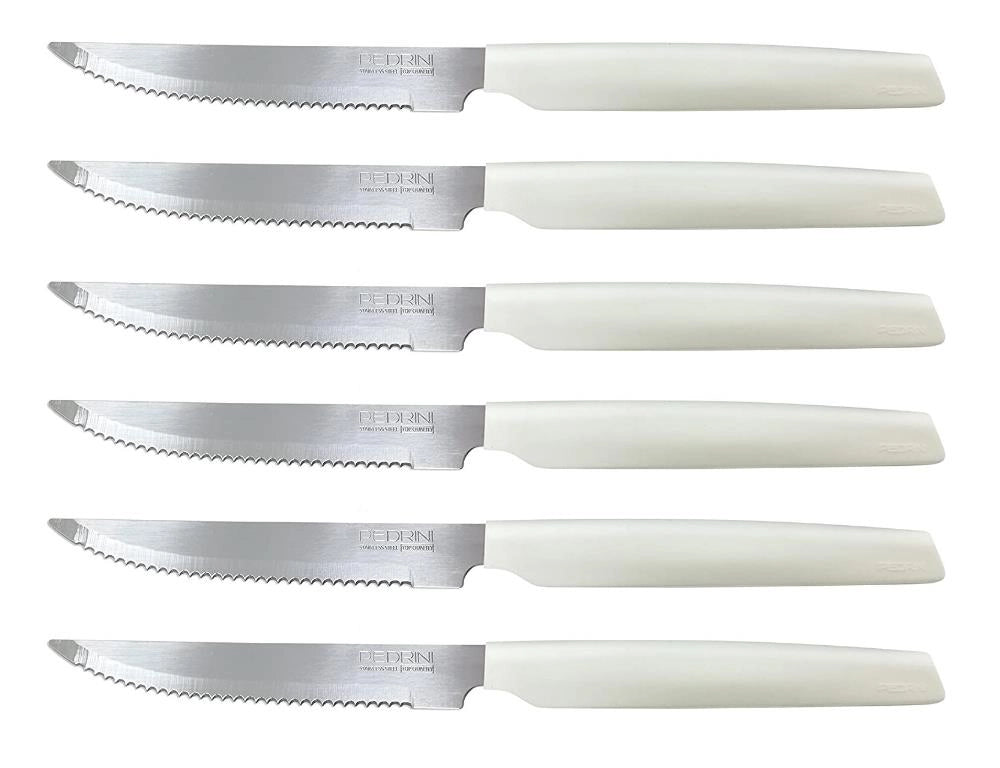 Set 6 Coltelli da Bistecca Carne Active Lama Seghettata Bianchi Pedrini
