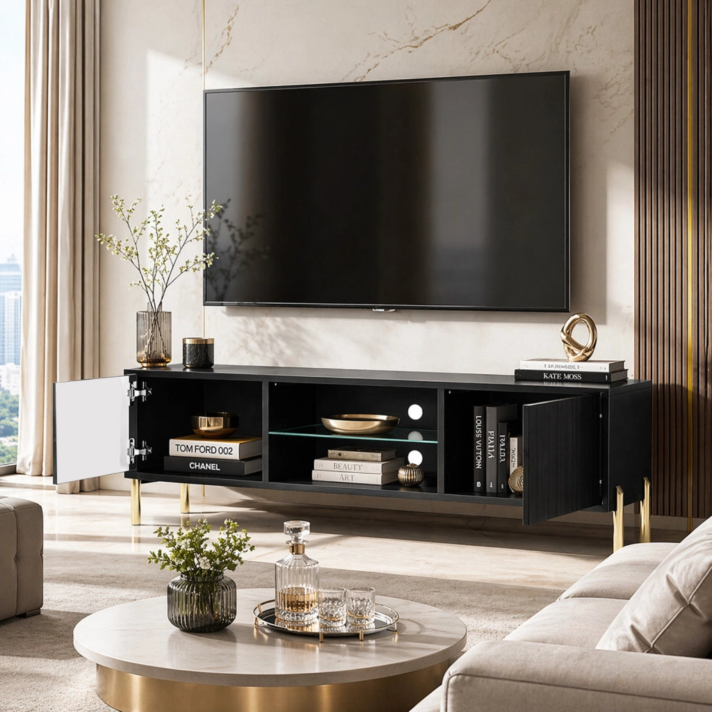Mobile TV Moderno Con Due Ante Battenti Vano Centrale A Giorno Ripiano Vetro Passacavi Posteriori Melaminico Per Soggiorno Design Living Contemporaneo 135 X 31 X 47 Cm Nero