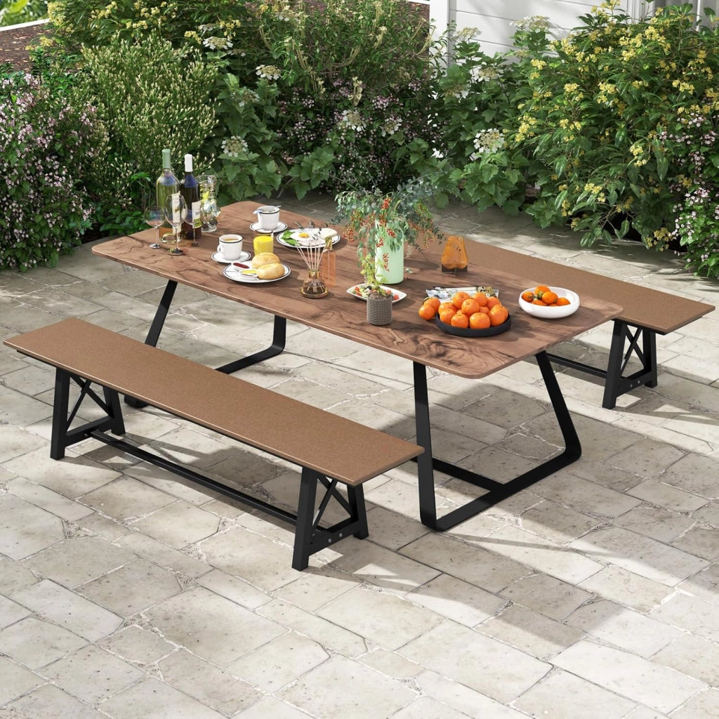 Panca da Giardino 3-4 Posti, Panchina da Esterno Portata 500 kg, Panchina da Giardino in HDPE e Metallo, per Cortile, Parco, Terrazzo, 183 x 35 x 41,5 cm, Marrone e Nero