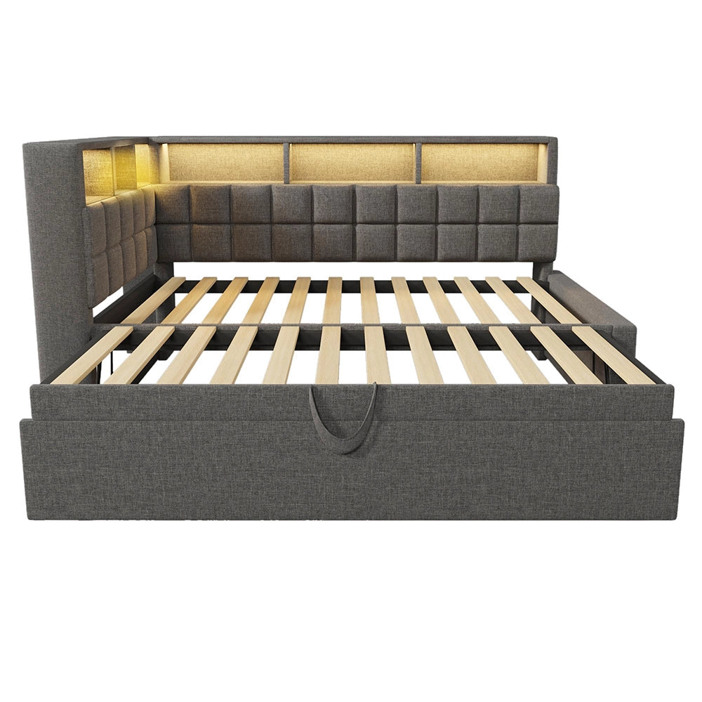 Letto imbottito-Xylo-90x200cm+90x190 LED Bluetooth USB-C testiera L lino grigio senza materasso