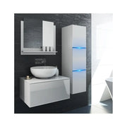 Set mobili da bagno bianchi collezione OWL. Colonna, mobile sotto lavabo, specchio, sifone e led.
