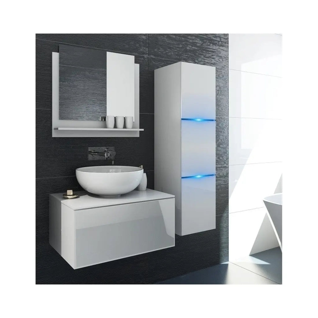 Set mobili da bagno bianchi collezione OWL. Colonna, mobile sotto lavabo, specchio, sifone e led.