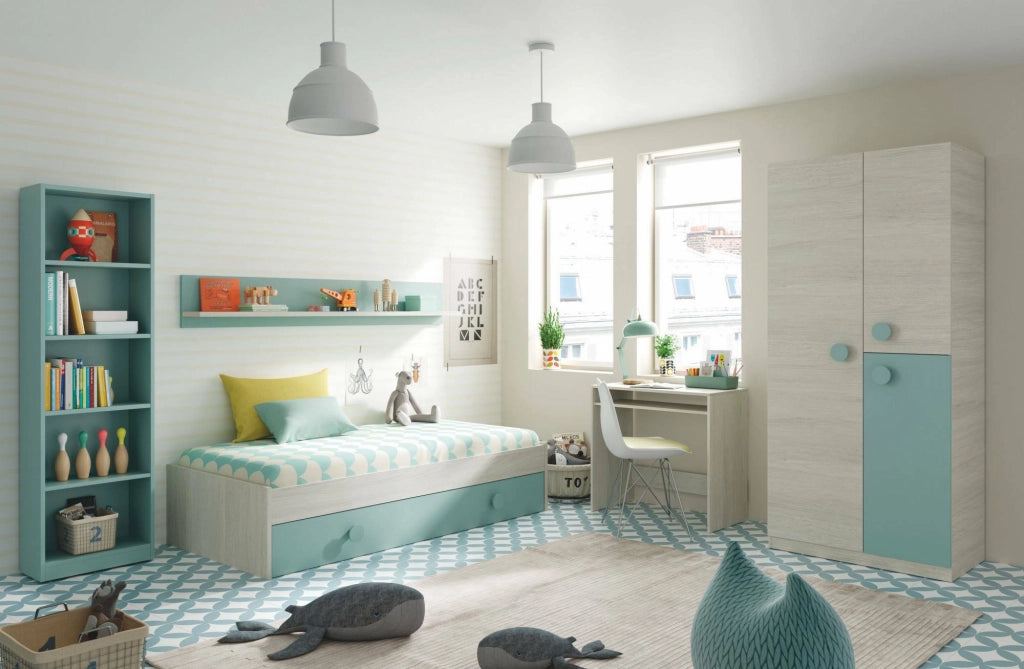 Letto singolo Aqua, Struttura letto per cameretta, Letto singolo con lettino estraibile o cassettone e mensola abbinata, cm 199x95h65, Bianco e Verde acqua