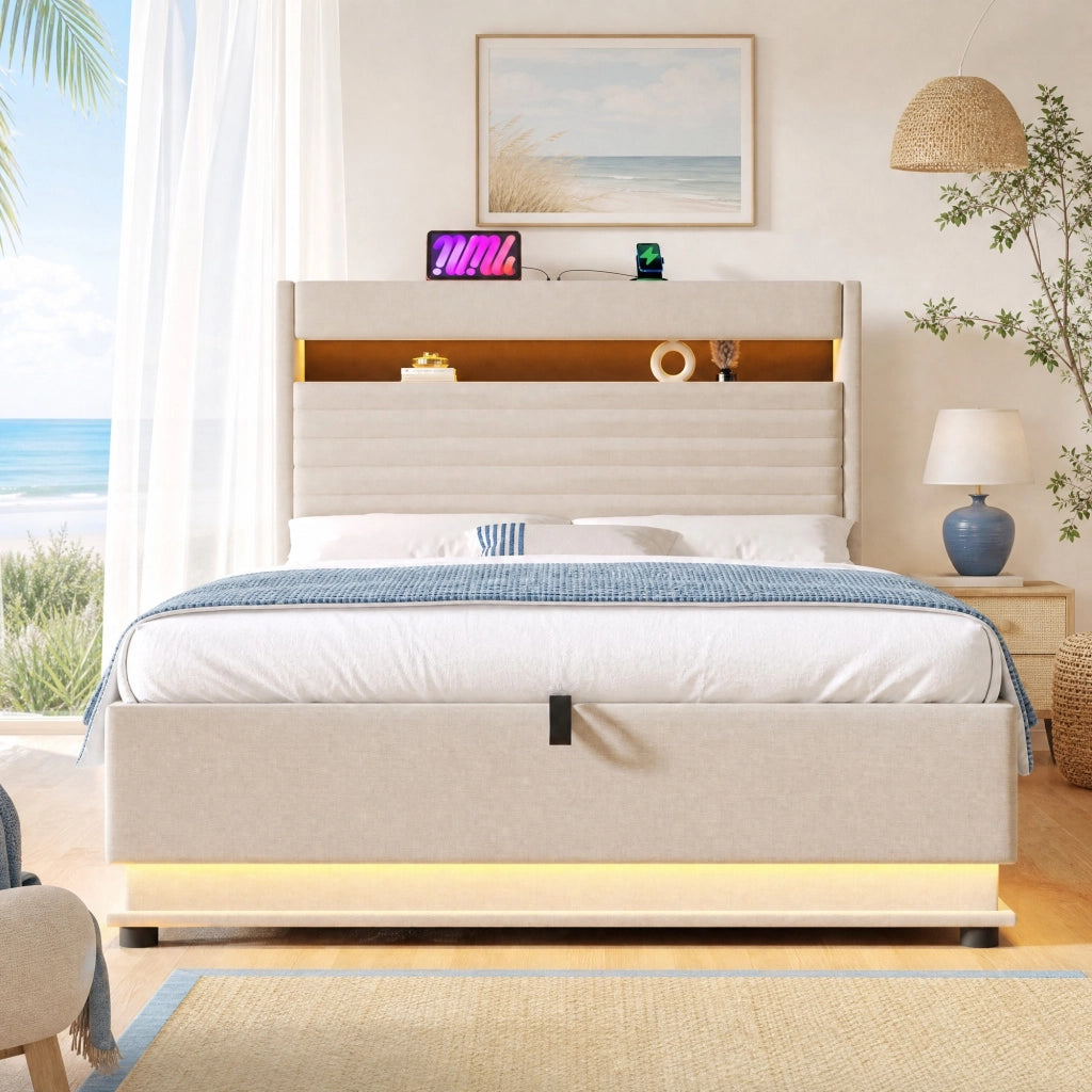 DESMIU Letto contenitore 140 × 200 cm 2 posti con LED, USB Type-C, vano idraulico, senza materasso, in lino, beige