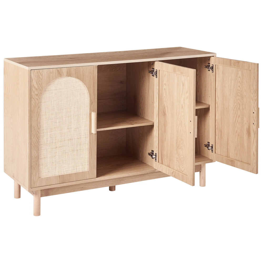 Credenza a 3 ante Marrone chiaro Pannello truciolare Frontale in rattan Gambe in legno Stile boho Mobile contenitore per soggiorno