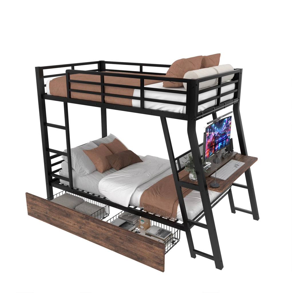 Letto a soppalco 90x200 cm con LED, cassetti e scrivania