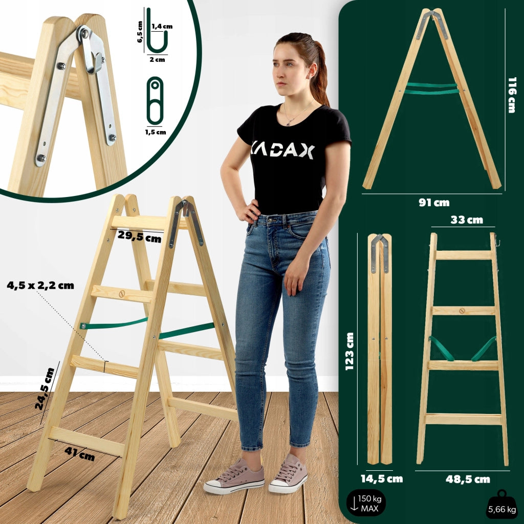 Scala domestica in legno KADAX a 4 gradini, a doppia faccia, per pittura, portata 150 kg.